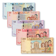 Bolivia Full Set: 10–200 Bolivianos, 2018, B417–B421, UNC - Robert's World Money - World Banknotes