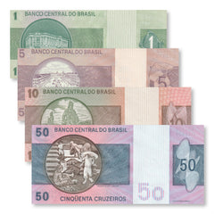 Brazil Set: 1–50 Cruzeiros, 1974–1980, B812–B815, P191–P194, UNC - Robert's World Money - World Banknotes