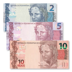 Brazil Set: 2, 5 & 10 Reais, 2010–2019, B874–B876, P252–P254, UNC - Robert's World Money - World Banknotes