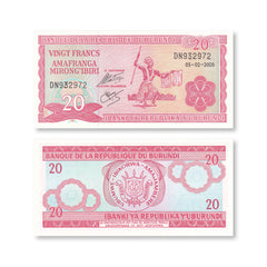 Burundi 20 Francs, 2005, B215k, P27b, UNC - Robert's World Money - World Banknotes