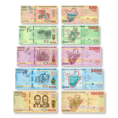 Burundi Full Set: 500–10,000 Francs, 2018–2021, B236–B240, P50–P54, UNC - Robert's World Money - World Banknotes