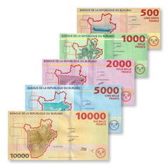 Burundi Full Set: 500–10,000 Francs, 2018–2021, B236–B240, P50–P54, UNC - Robert's World Money - World Banknotes