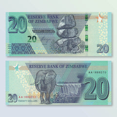 Zimbabwe 20 Dollars, 2020, B195a, UNC - Robert's World Money - World Banknotes