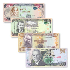 Jamaica Set: 50–1,000 Dollars, 2021, B240–41 B249–50,P85–86, P94–95, UNC - Robert's World Money - World Banknotes