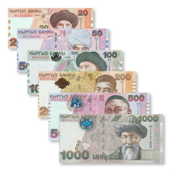 Krygyzstan Full Set: 20–1,000 Som, 2000–2004, B213–B219, P17–P22, UNC - Robert's World Money - World Banknotes