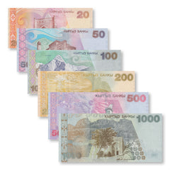 Krygyzstan Full Set: 20–1,000 Som, 2000–2004, B213–B219, P17–P22, UNC - Robert's World Money - World Banknotes