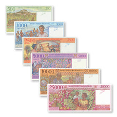 Madagascar Full Set: 500–25,000 Francs, 1994–1998, B311–B316, P74–P82, UNC - Robert's World Money - World Banknotes