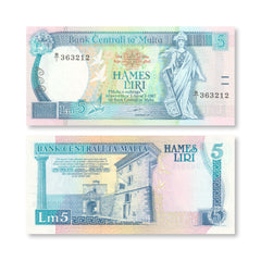 Malta 5 Liri, 1967 (1989), B215a, P42a, UNC