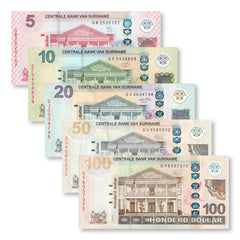 Suriname Full Set: 5–100 Dollars, 2012+, B545–B549, P162–P166, UNC - Robert's World Money - World Banknotes