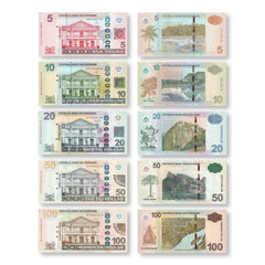 Suriname Full Set: 5–100 Dollars, 2012+, B545–B549, P162–P166, UNC - Robert's World Money - World Banknotes