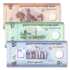 United Arab Emirates (UAE) Set: 5 10 50 Dirhams, Latest Series, 2021+, UNC