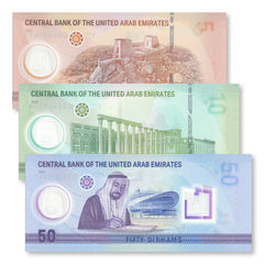 United Arab Emirates (UAE) Set: 5 10 50 Dirhams, Latest Series, 2021+, UNC