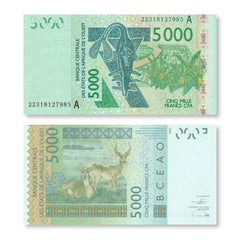 West African States, Ivory Coast, 5000 Francs, 2022, B123Av, P117A, UNC - Robert's World Money - World Banknotes