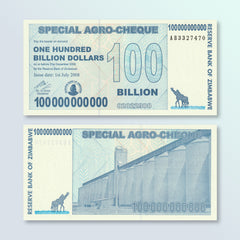 Zimbabwe 100 Billion Dollars, Special Agro-Cheque, B155a, P64, UNC